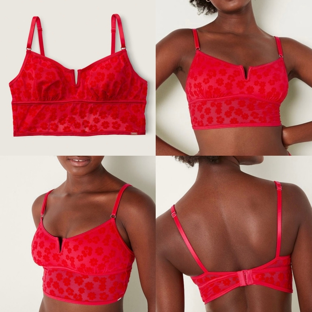 VS PINK Red Floral Mesh Bralette, Size Large